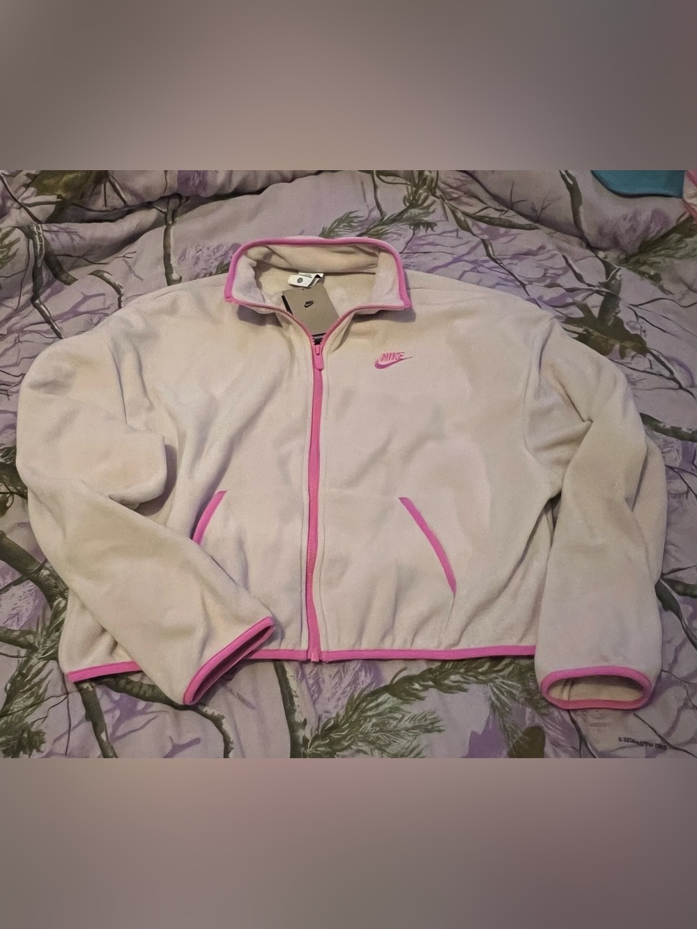 Nike Women's Cream Fleece Jacket with Pink Trim